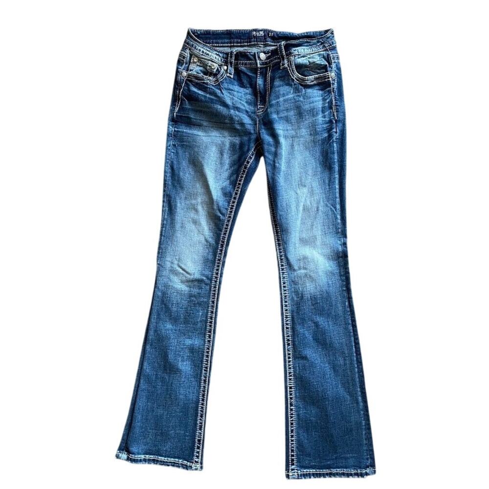 Miss Me Los Angeles Mid Rise Embroided Bootcut Jeans Faded Blue Denim Size 28